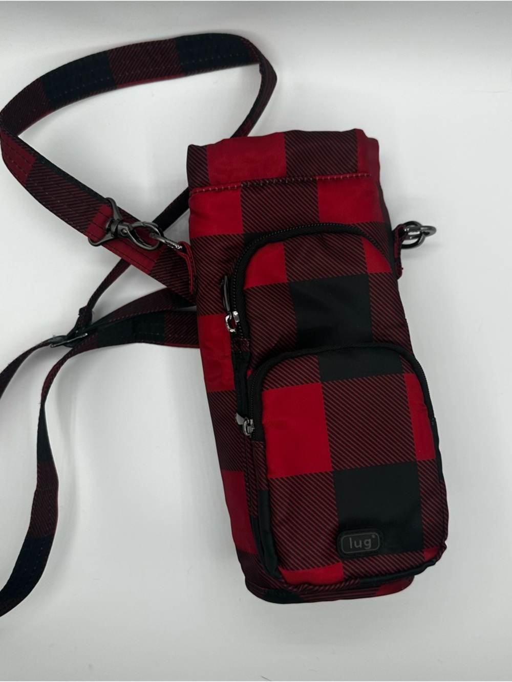 LUG Huggie Water Bottle Bag Buffalo Check BCR Red & Black Plaid Crossbody Belt